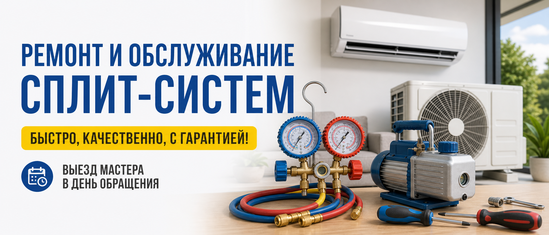 Ремонт и обслуживание сплит-систем в Сочи: манометрическая станция, вакуумный насос и инструменты мастера